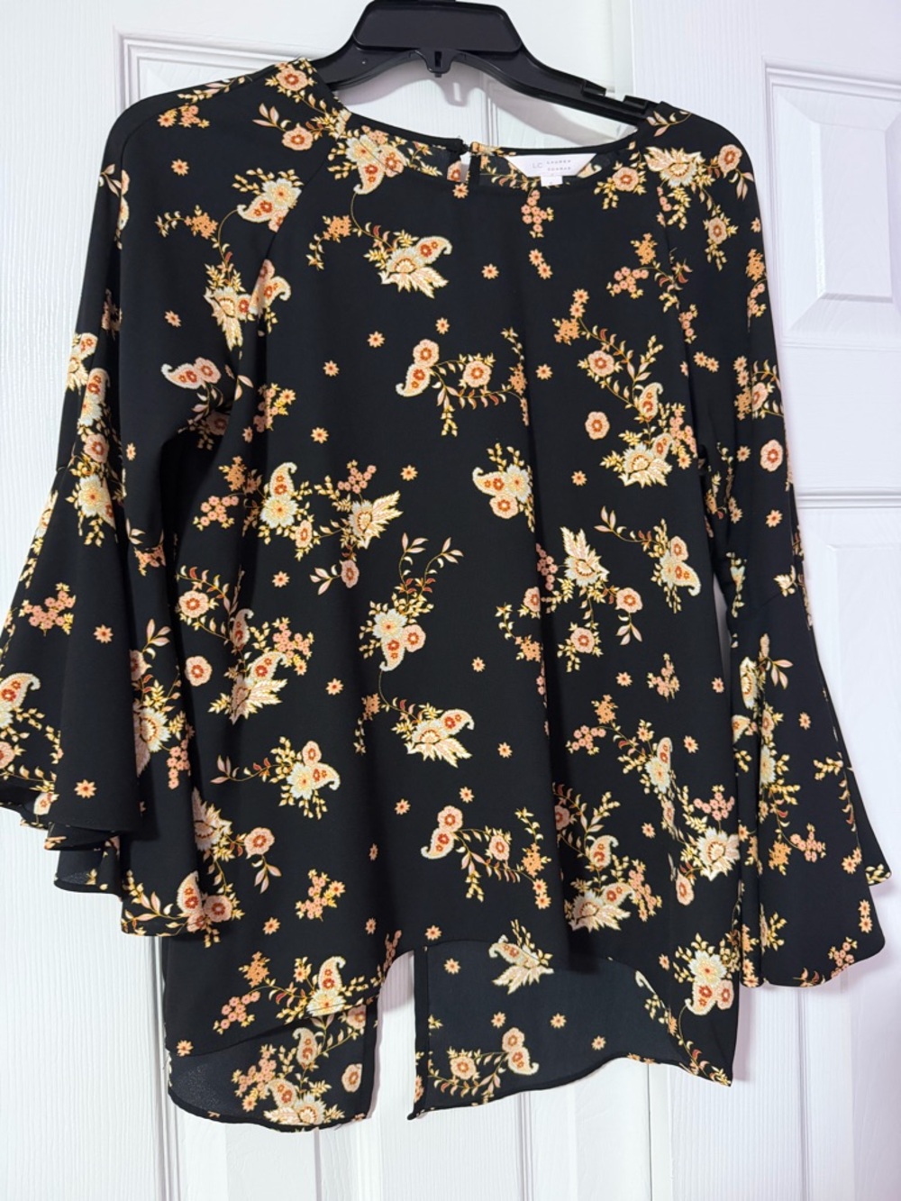 LC Lauren Conrad Black Floral Bell-Sleeve Blouse